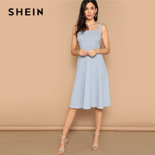 将图片加载到图库查看器，SHEIN Blue Zip Back Fit and Flare Tank Midi Dress 2019 Spring A Line Fit And Flare High Waist Sleeveless Elegant Dresses
