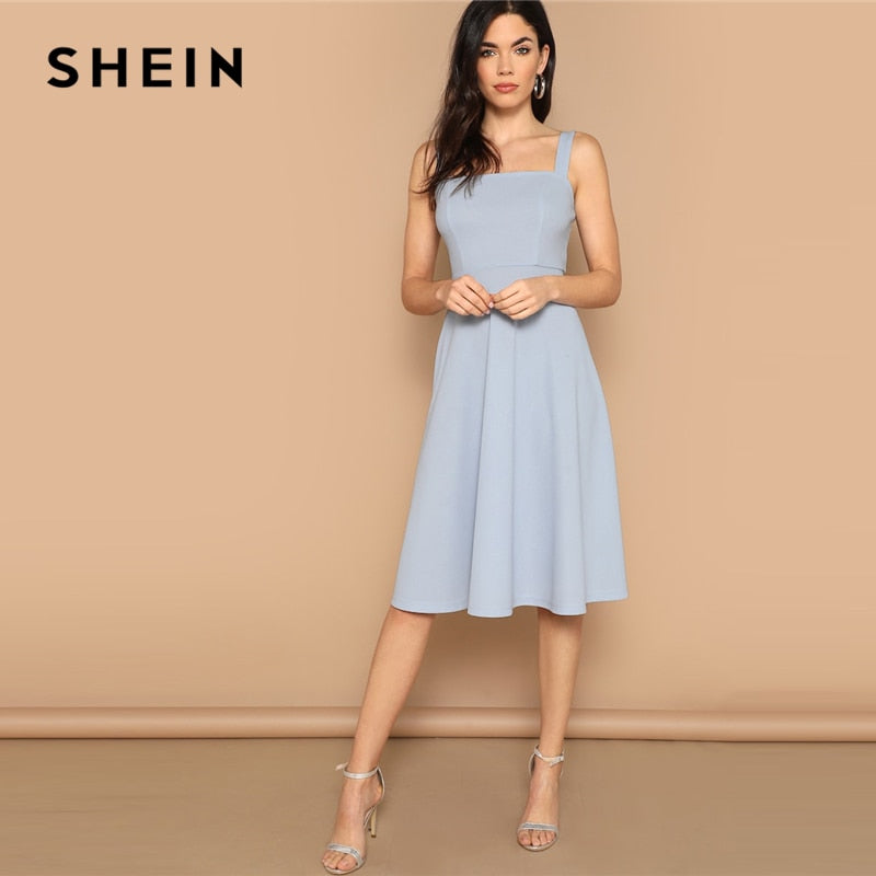 SHEIN Blue Zip Back Fit and Flare Tank Midi Dress 2019 Spring A Line Fit And Flare High Waist Sleeveless Elegant Dresses