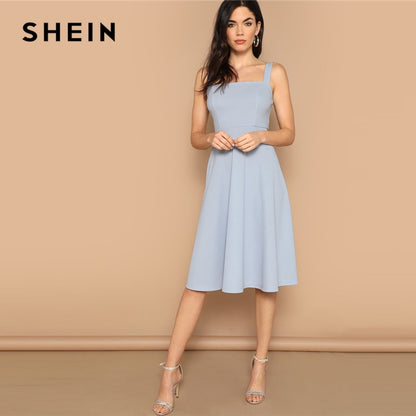SHEIN Blue Zip Back Fit and Flare Tank Midi Dress 2019 Spring A Line Fit And Flare High Waist Sleeveless Elegant Dresses