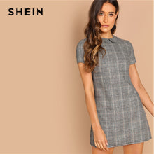 Cargar imagen en el visor de la galería, SHEIN Grey 100% Cotton Peter-Pan-Collar Plaid Short Sheath Short Sleeve Flared Dress Autumn Elegant Modern Lady Women Dresses
