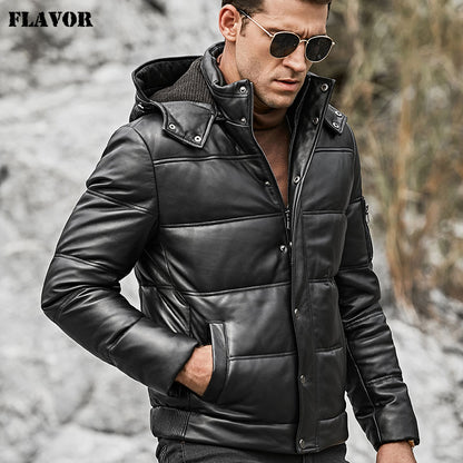 FLAVOR Men's Real Leather Down Coat Men Genuine Sheepskin Biker Winter Warm Leather Coat with Removable Hood