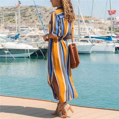 Aachoae Turn Down Collar Office Ladies Stripe Shirt Dress Long Boho Beach Dress Casual Long Sleeve Elegant Party Dress Vestidos