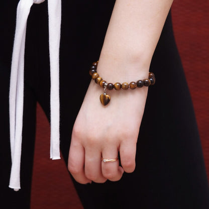 CSJA Natural Stone Beads Tiger Eye Men Strand Bracelets & Bangles Heart Shape Silver Color Fitting Women Jewelry Love Gifts F105