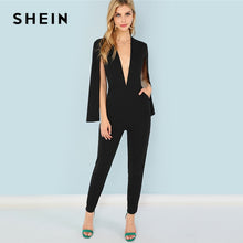 将图片加载到图库查看器，SHEIN Black Highstreet Office Lady Plunging Neck Cloak Sleeve Modern Sexy Maxi Tapered Jumpsuit Autumn Women Workwear Jumpsuits
