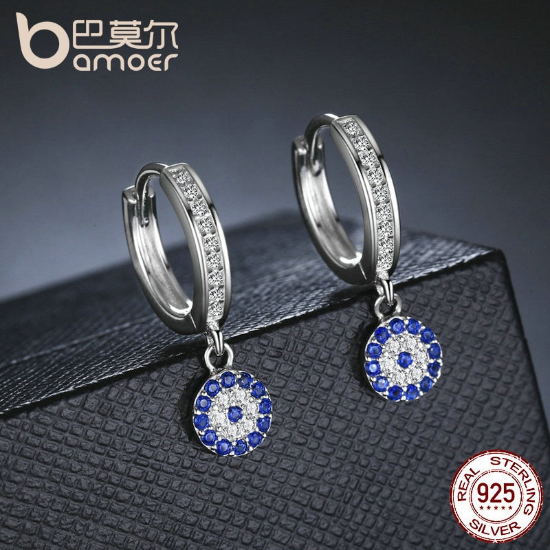 BAMOER Genuine 925 Sterling Silver Round Blue Clear Cubic Zircon Crystal Drop Earrings for Women Authentic Silver Jewelry SCE058