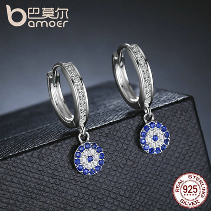 BAMOER Genuine 925 Sterling Silver Round Blue Clear Cubic Zircon Crystal Drop Earrings for Women Authentic Silver Jewelry SCE058