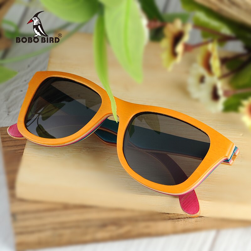 BOBO BIRD Polarized Sunglasses Women Men Layered Skateboard Wooden Frame Square Style Glasses for Ladies Eyewear In Wood Box