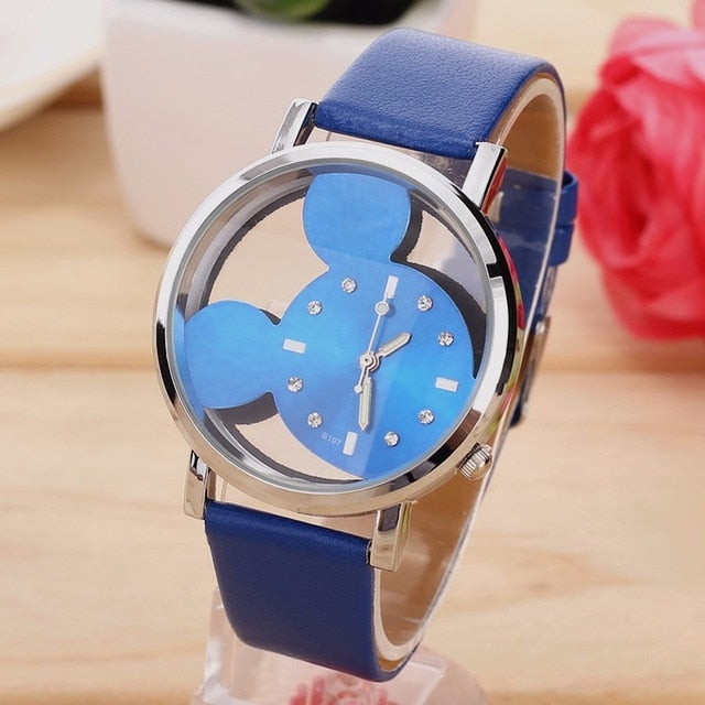 Fashion Cartoon Mickey Women Watch Men Transparent Hollow Quartz Watches Leather Strap Kid Wristwatch Girl Gift Relogio Feminino
