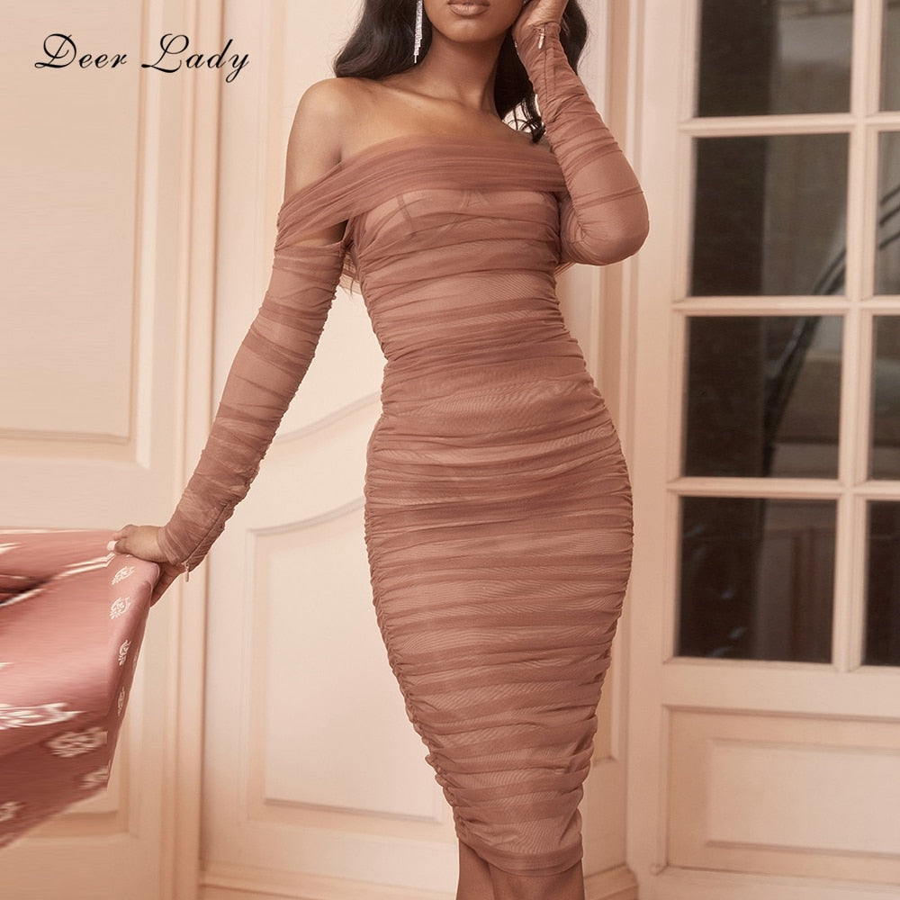 Deer Lady Summer Party Dress Women 2019 Sexy Mesh Bodycon Dress Long Sleeve Off Shoulder Sheer Ruched Celebrity Club Dress