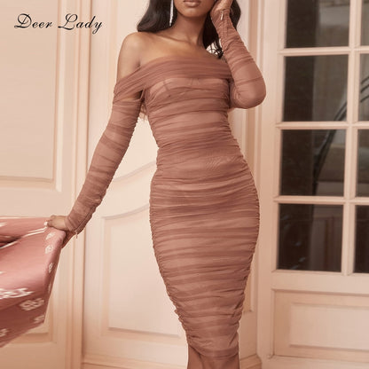 Deer Lady Summer Party Dress Women 2019 Sexy Mesh Bodycon Dress Long Sleeve Off Shoulder Sheer Ruched Celebrity Club Dress