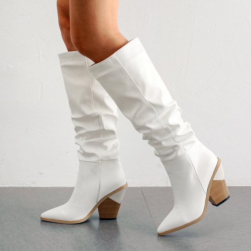 Black White Fashion Pleated Knee High Boots Women Pu Leather Wedges High Heels Long Boots Pointed Toe Autumn Winter Plush Shoes