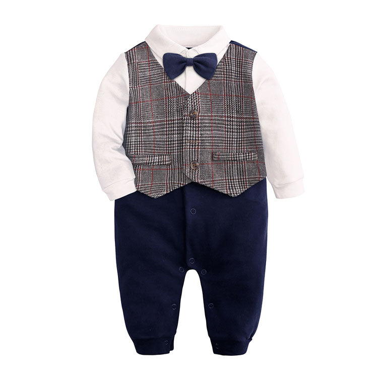 Cotton Long Sleeve Newborn Baby Clothes Plaid Bow Baby Boy Romper Spring Autumn Toddler One-Pieces Gentleman Newborn Costume