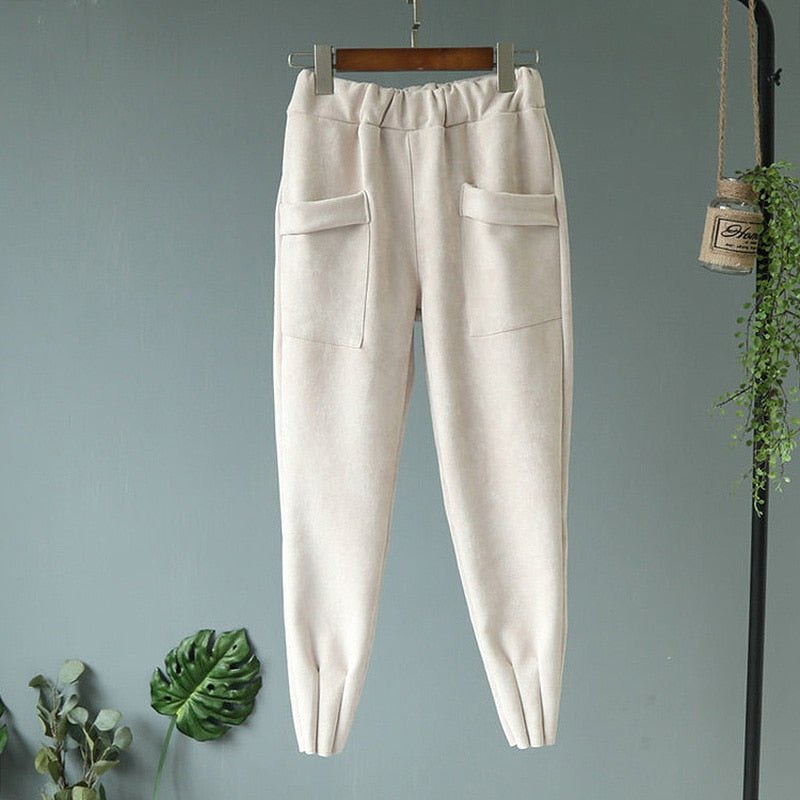 Casual Autumn Winter Women Pants Korean Elastic High Waist Pockets Suede Harem Pants Plus Size Trousers Women femme pantalon