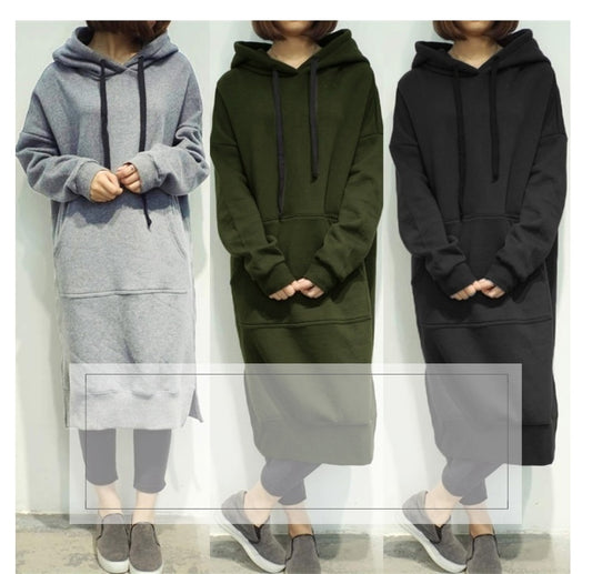 Women's Casual Loose Long Hoodies Autumn Solid Color Sweatshirt Hooded Sweatshirt Dress. Hoodie Dress