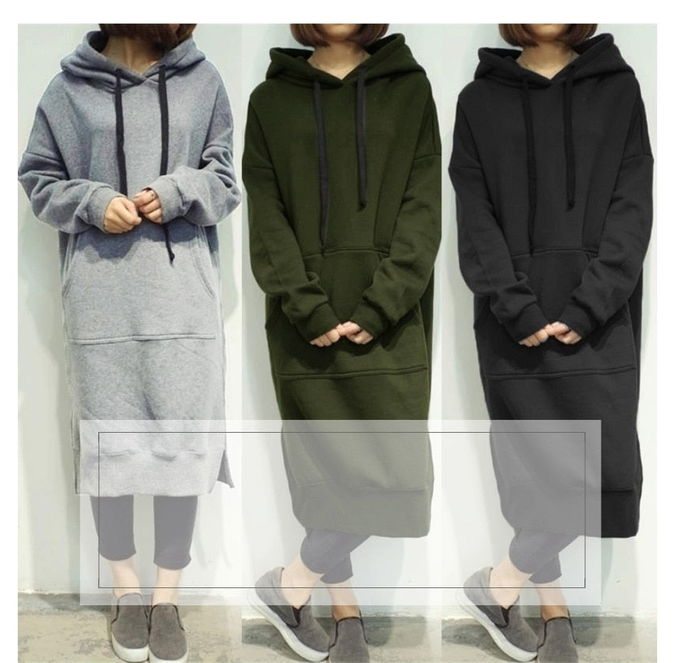Women's Casual Loose Long Hoodies Autumn Solid Color Sweatshirt Hooded Sweatshirt Dress. Hoodie Dress