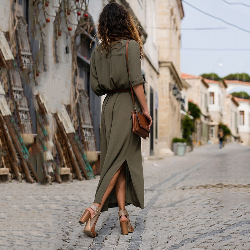 New Hot Fashion Button Long Dress Elegant Women Dresses Casual Work Dress Plus Size Pocket Slim Black Dresses Women Long Sleeves