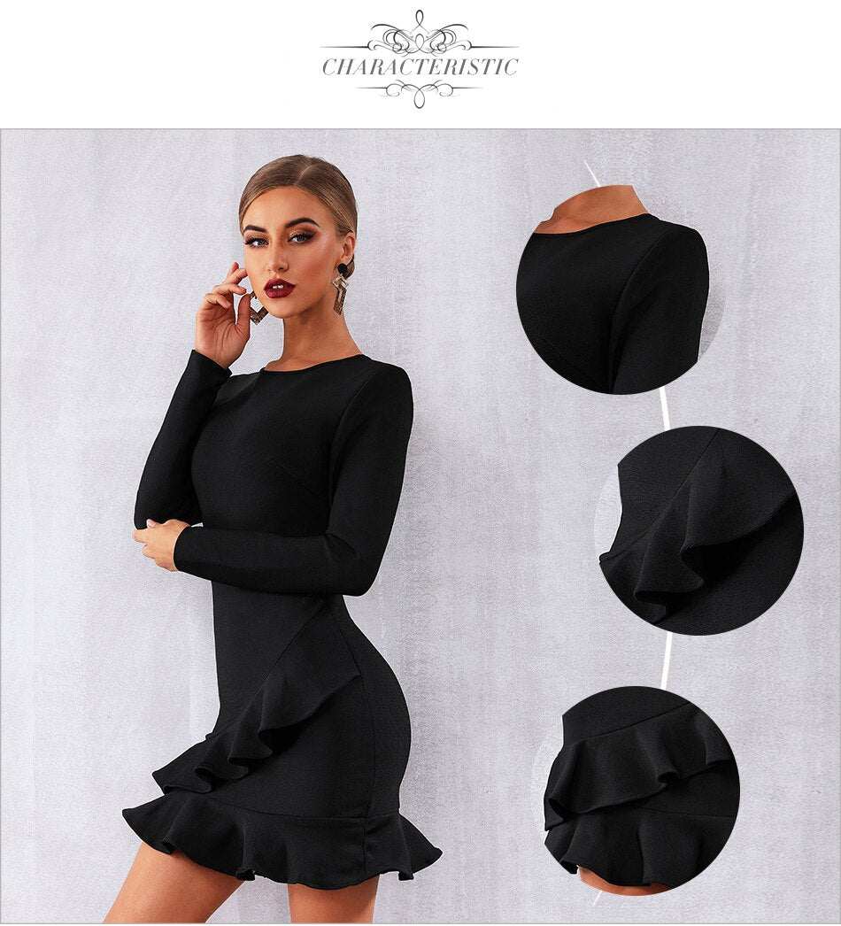Adyce 2020 New Spring Black Bandage Dress Women Long Sleeve Ruffles Mini Club Dress Vestidos Elegant Celebrity Party Dress