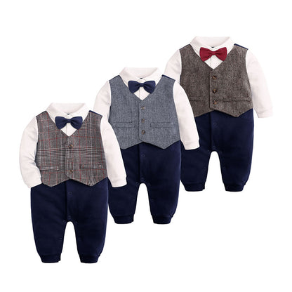 Cotton Long Sleeve Newborn Baby Clothes Plaid Bow Baby Boy Romper Spring Autumn Toddler One-Pieces Gentleman Newborn Costume