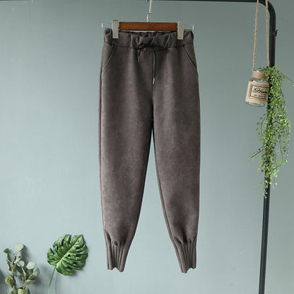 Casual Autumn Winter Women Pants Korean Elastic High Waist Pockets Suede Harem Pants Plus Size Trousers Women femme pantalon