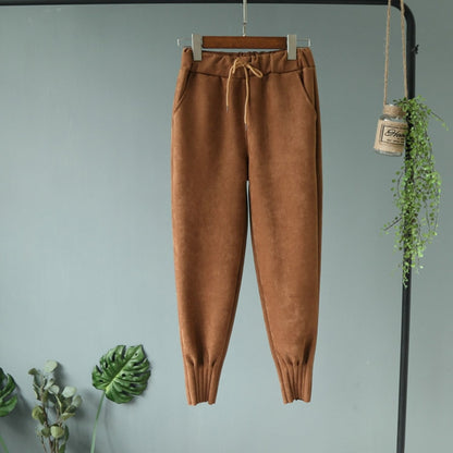 Casual Autumn Winter Women Pants Korean Elastic High Waist Pockets Suede Harem Pants Plus Size Trousers Women femme pantalon