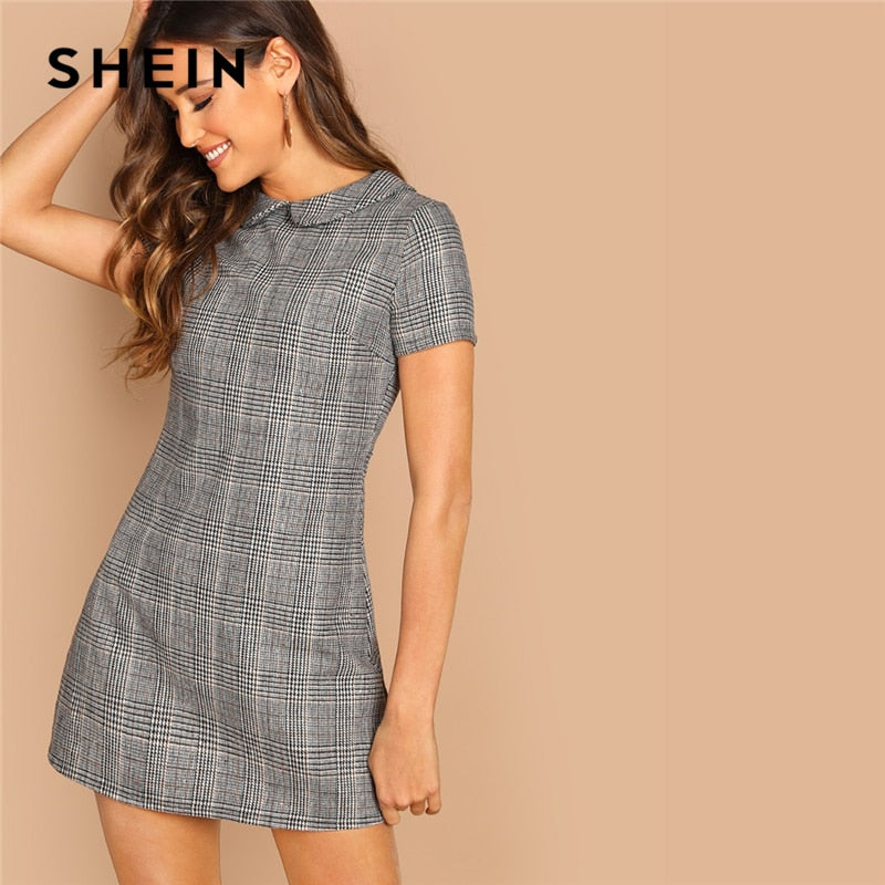 Peter-Pan-Collar Plaid Short Sheath Short Sleeve Flared Dress