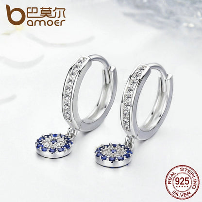 BAMOER Genuine 925 Sterling Silver Round Blue Clear Cubic Zircon Crystal Drop Earrings for Women Authentic Silver Jewelry SCE058