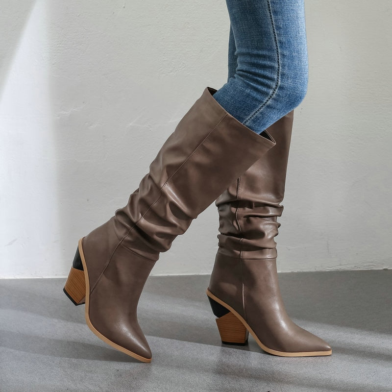Black White Fashion Pleated Knee High Boots Women Pu Leather Wedges High Heels Long Boots Pointed Toe Autumn Winter Plush Shoes