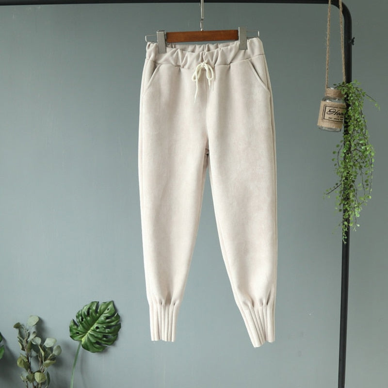 Casual Autumn Winter Women Pants Korean Elastic High Waist Pockets Suede Harem Pants Plus Size Trousers Women femme pantalon