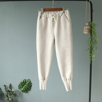 Casual Autumn Winter Women Pants Korean Elastic High Waist Pockets Suede Harem Pants Plus Size Trousers Women femme pantalon