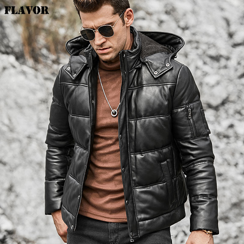 FLAVOR Men's Real Leather Down Coat Men Genuine Sheepskin Biker Winter Warm Leather Coat with Removable Hood