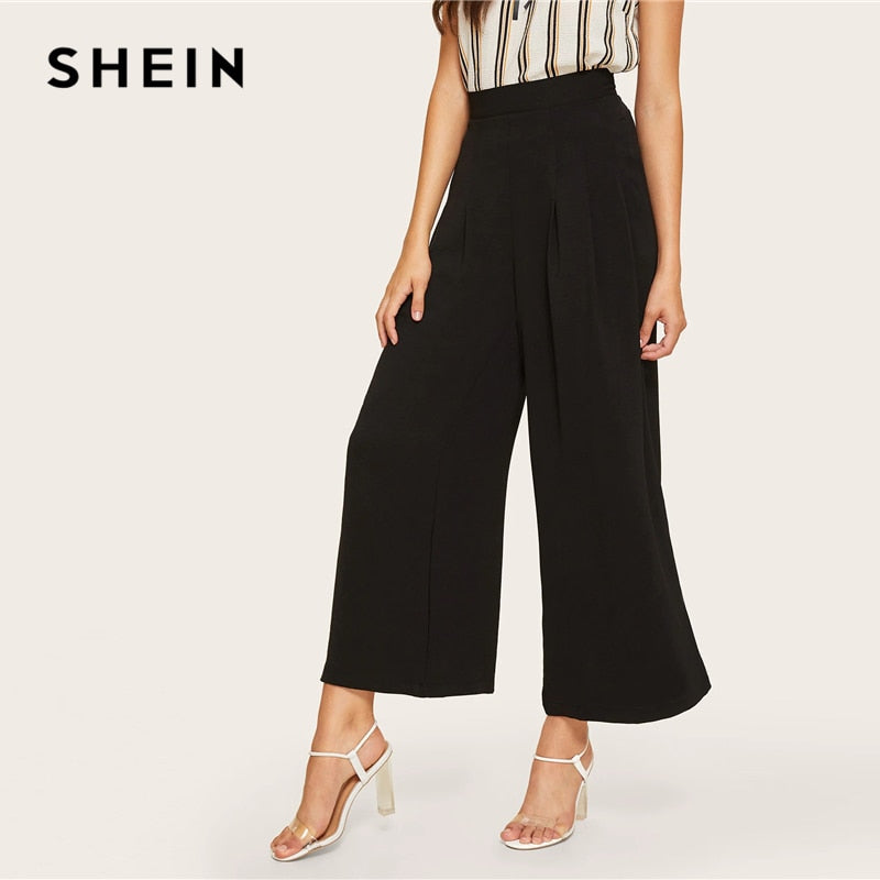 SHEIN Zip Side Slant Pocket Wide Leg Crop Pants 2019 Elegant Women Black Solid Spring Autumn Trousers Wide Leg Pants