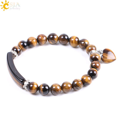 CSJA Natural Stone Beads Tiger Eye Men Strand Bracelets & Bangles Heart Shape Silver Color Fitting Women Jewelry Love Gifts F105