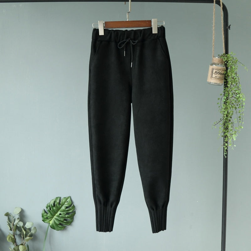 Casual Autumn Winter Women Pants Korean Elastic High Waist Pockets Suede Harem Pants Plus Size Trousers Women femme pantalon