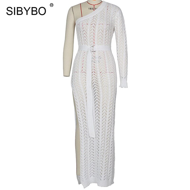 Sibybo Knitted One Shoulder Split Summer Dress Women Hollow Out Sashes Loose Sexy Long Dress Beach Casual Maxi Dress Party 2019