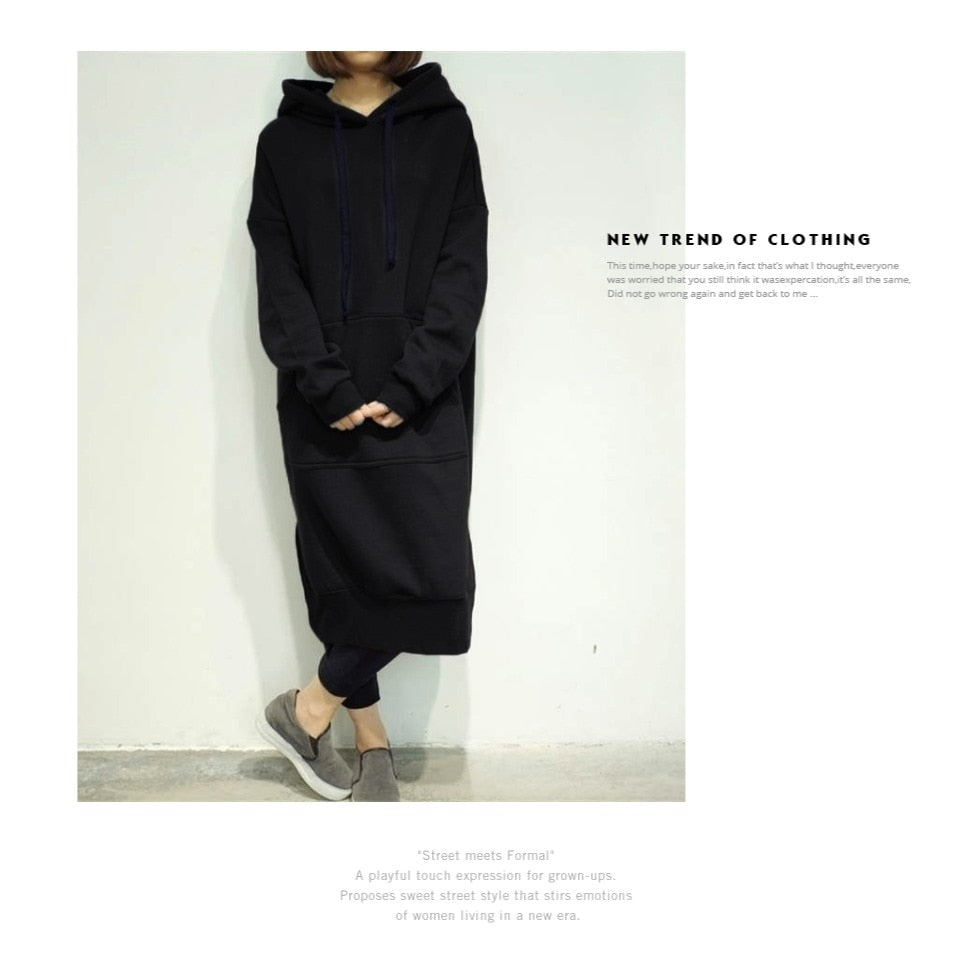 Women's Casual Loose Long Hoodies Autumn Solid Color Sweatshirt Hooded Sweatshirt Dress. Hoodie Dress