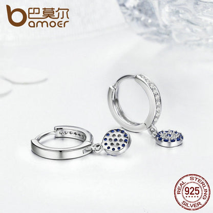 BAMOER Genuine 925 Sterling Silver Round Blue Clear Cubic Zircon Crystal Drop Earrings for Women Authentic Silver Jewelry SCE058