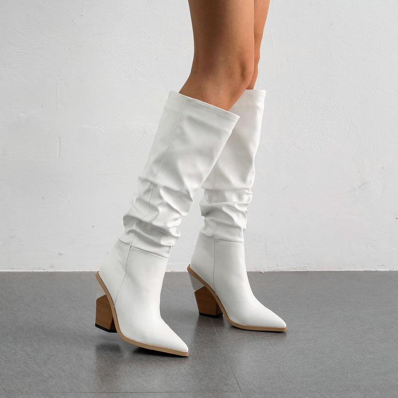 Black White Fashion Pleated Knee High Boots Women Pu Leather Wedges High Heels Long Boots Pointed Toe Autumn Winter Plush Shoes