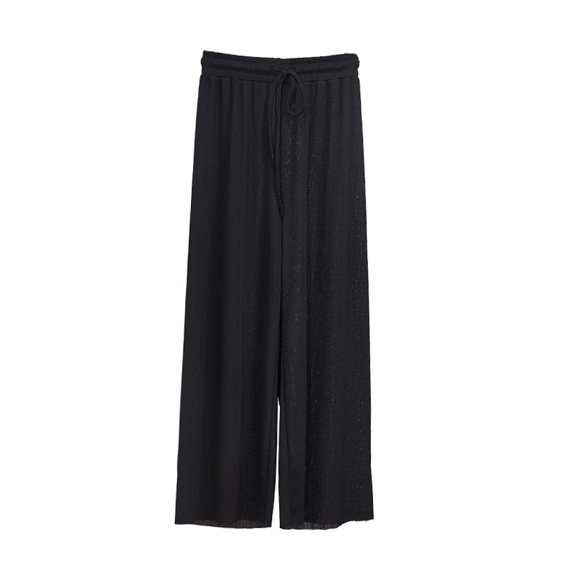 Women Summer Thin Knit Trousers Black Wide Leg Loose Pants Ankle Length Pants Casual trouser Elastic Waist Plus Size Pants S-4XL
