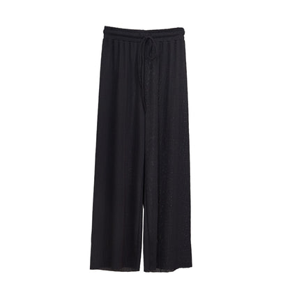 Women Summer Thin Knit Trousers Black Wide Leg Loose Pants Ankle Length Pants Casual trouser Elastic Waist Plus Size Pants S-4XL