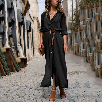 New Hot Fashion Button Long Dress Elegant Women Dresses Casual Work Dress Plus Size Pocket Slim Black Dresses Women Long Sleeves