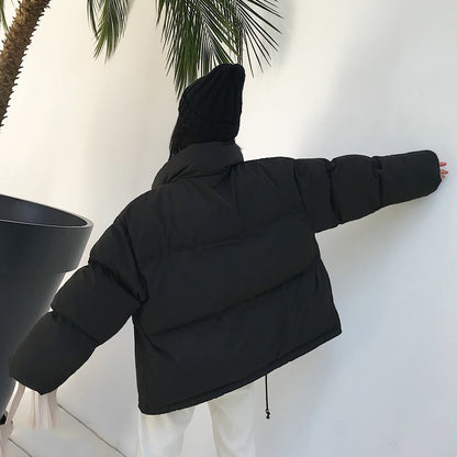 Korean Style 2019 Winter Jacket Women Stand Collar Solid Black White Female Down Coat Loose Oversized Womens Short Parka