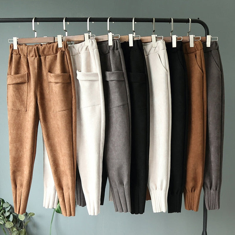 Casual Autumn Winter Women Pants Korean Elastic High Waist Pockets Suede Harem Pants Plus Size Trousers Women femme pantalon