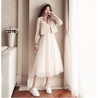 Fashion 2019 Women's 2 Piece Dress Apricot Blue Pink Color Two Piece Suit Spring Female Dresses