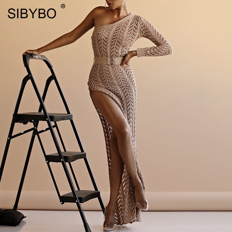 Sibybo Knitted One Shoulder Split Summer Dress Women Hollow Out Sashes Loose Sexy Long Dress Beach Casual Maxi Dress Party 2019