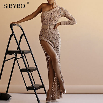 Sibybo Knitted One Shoulder Split Summer Dress Women Hollow Out Sashes Loose Sexy Long Dress Beach Casual Maxi Dress Party 2019