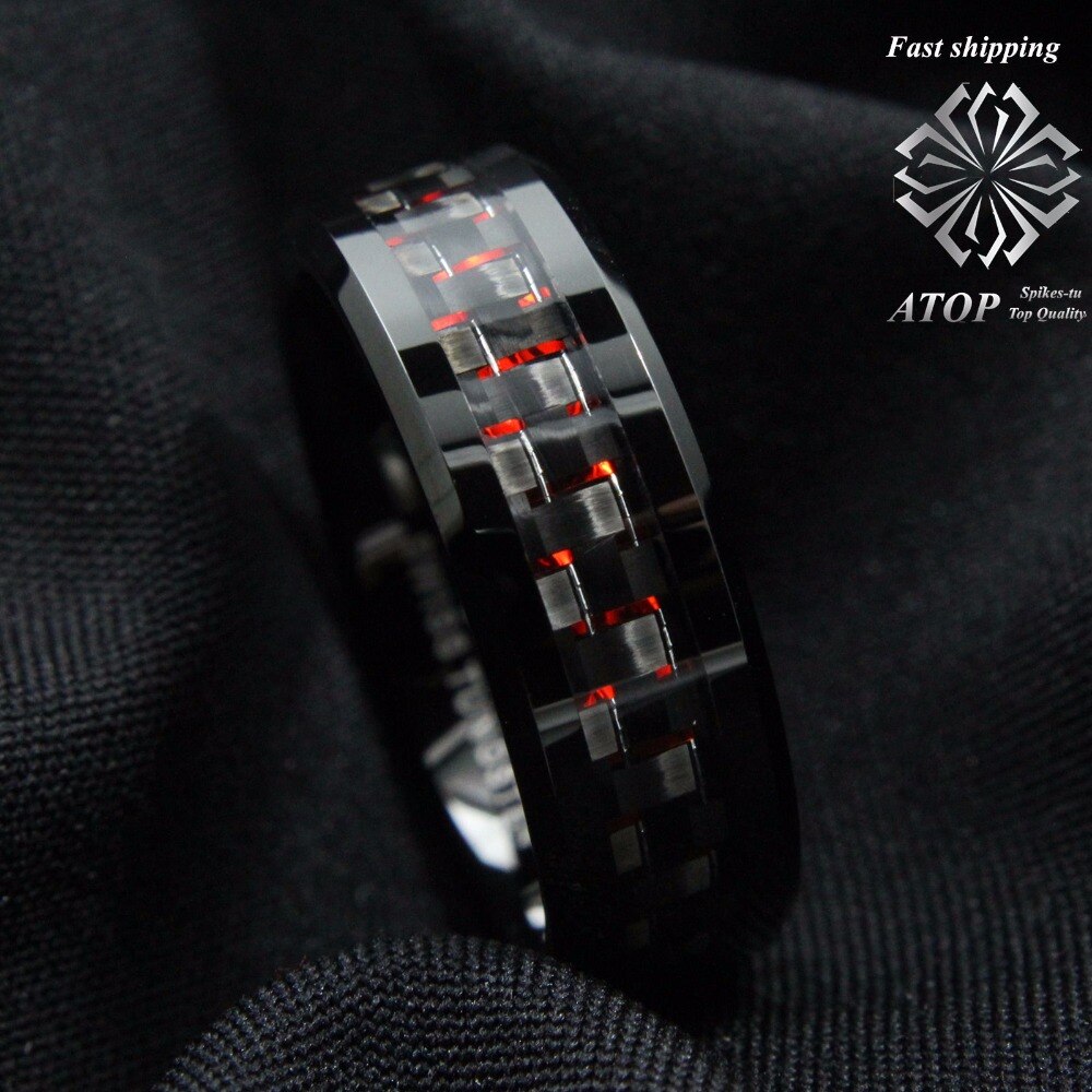 Men's Tungsten Ring with Carbon Fiber 8mm Black and red men's Wedding Band Free Shipping