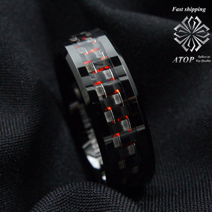 Men's Tungsten Ring with Carbon Fiber 8mm Black and red men's Wedding Band Free Shipping
