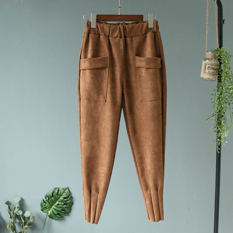 Casual Autumn Winter Women Pants Korean Elastic High Waist Pockets Suede Harem Pants Plus Size Trousers Women femme pantalon