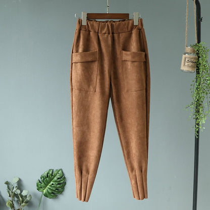 Casual Autumn Winter Women Pants Korean Elastic High Waist Pockets Suede Harem Pants Plus Size Trousers Women femme pantalon
