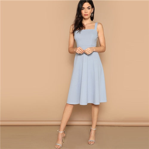 SHEIN Blue Zip Back Fit and Flare Tank Midi Dress 2019 Spring A Line Fit And Flare High Waist Sleeveless Elegant Dresses